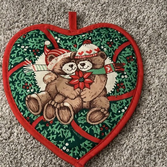 Vintage Franco Potholder Heart Shape Teddy Bears Christmas Red Green - Picture 1 of 5